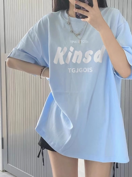 奶蓝色美式oversize短袖t恤女2025夏季纯棉宽松美式复古小众上衣